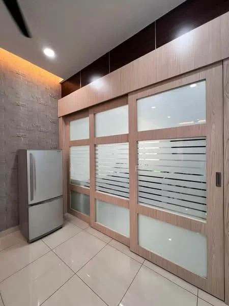 Room features: fridge, sliding glass door with frosted panels, light-colored wood cabinetry, grey accent wall, recessed lighting, glossy tile flooring, wall-mounted light fixtures; style: modern.