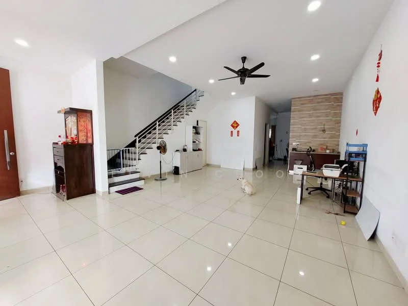 Living features: white painted walls, glossy beige tile flooring, 5-blade ceiling fan with light, staircase with white railing, open layout, decorative wall with stone cladding, large windows for natural light, wall-mounted fan, dining table with chairs, decorative items on shelves, area rug, pet visible; style: modern.