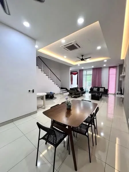 Living features: white painted walls, grey accent wall, recessed downlights, 5-blade ceiling fan with light, floor-to-ceiling windows with sheer curtains, sliding glass door, marble tile flooring, sofa set in dark color, coffee table, TV console, area rug, dining table with black chairs; style: modern.