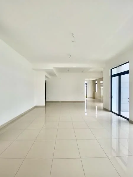 Room features: white painted walls, polished ceramic tile flooring, recessed downlights, large glass sliding doors, open layout, high ceiling, natural light from windows, neutral color scheme; style: modern.
