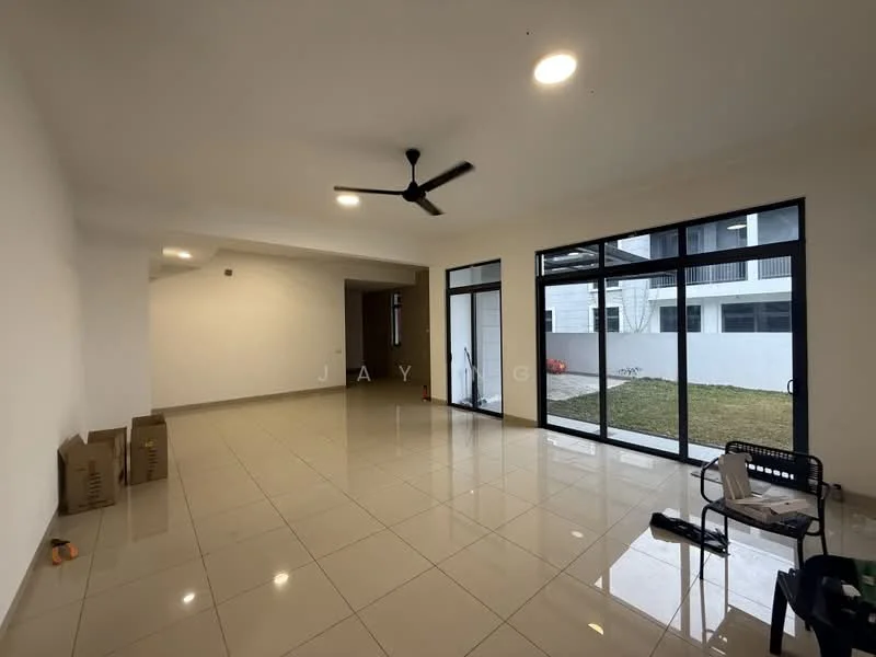 Living features: white painted walls, glossy ceramic tile flooring, 5-blade ceiling fan with light, floor-to-ceiling windows, sliding glass door, natural light, open layout, access to outdoor space, decorative wall, minimalist decor; style: modern; view: garden.