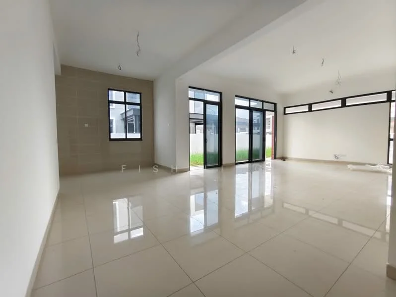 Living features: white painted walls, cream tiled flooring, large floor-to-ceiling windows, sliding glass door, recessed ceiling lights, open layout, neutral color scheme, no visible furniture; style: modern; view: garden.