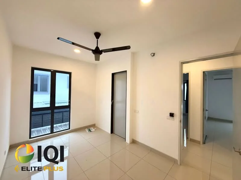 Room features: white painted walls, glossy tile flooring, 5-blade ceiling fan, floor-to-ceiling windows, sliding glass door, interior door, light fixture, window treatments; style: modern.