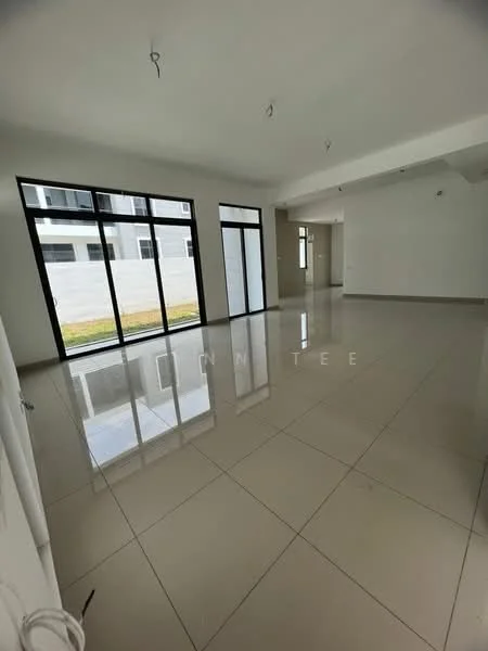 Room features: white painted walls, glossy ceramic tile flooring, floor-to-ceiling windows, sliding glass door, recessed downlights, open layout, neutral color scheme, high ceiling; style: modern; view: garden.