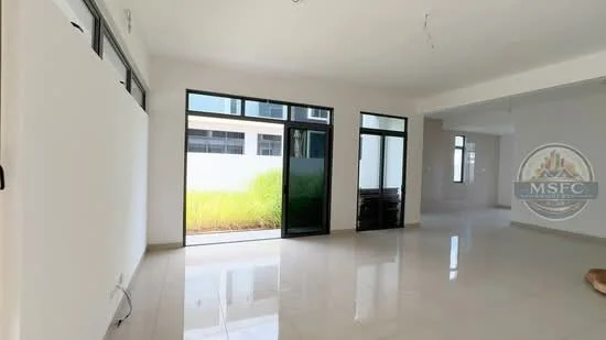 Living features: white painted walls, glossy tile flooring, large floor-to-ceiling windows, sliding glass door, natural light, open layout, minimalist design, view of greenery; style: modern; view: garden.