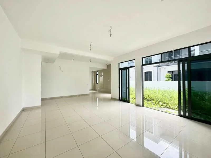 Living features: white painted walls, glossy ceramic tile flooring, recessed downlights, floor-to-ceiling windows, sliding glass door, open layout, natural light, view of garden; style: modern; view: garden.