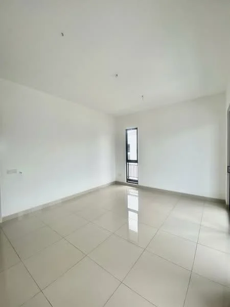 Room features: white painted walls, glossy ceramic tile flooring, floor-to-ceiling window, sliding glass door, natural light, neutral color scheme, high ceiling, no visible furnishings; style: modern.