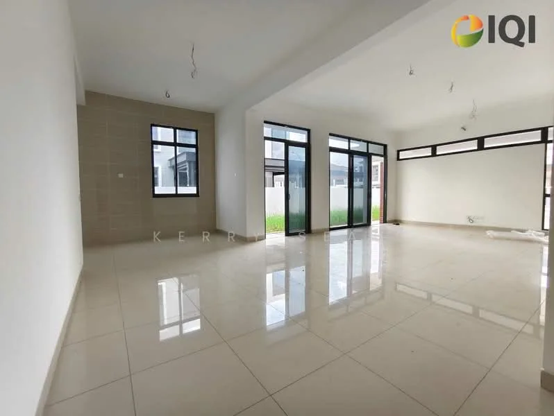 Living features: white painted walls, cream tiled flooring, floor-to-ceiling windows, sliding glass door, recessed downlights, open layout, natural light, neutral color scheme; style: modern; view: garden.