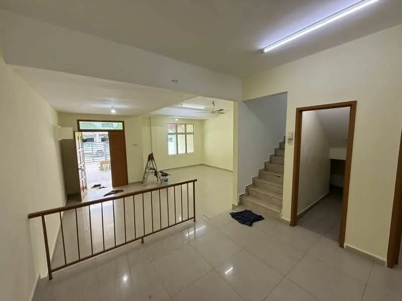 Living features: cream painted walls, white ceiling, recessed downlights, 5-blade ceiling fan, tile flooring, large windows, open layout, staircase leading to upper floor, wooden railing, doorway leading to entrance, doorway leading to hallway; style: modern. Room features: tile flooring, cream painted walls, white ceiling.