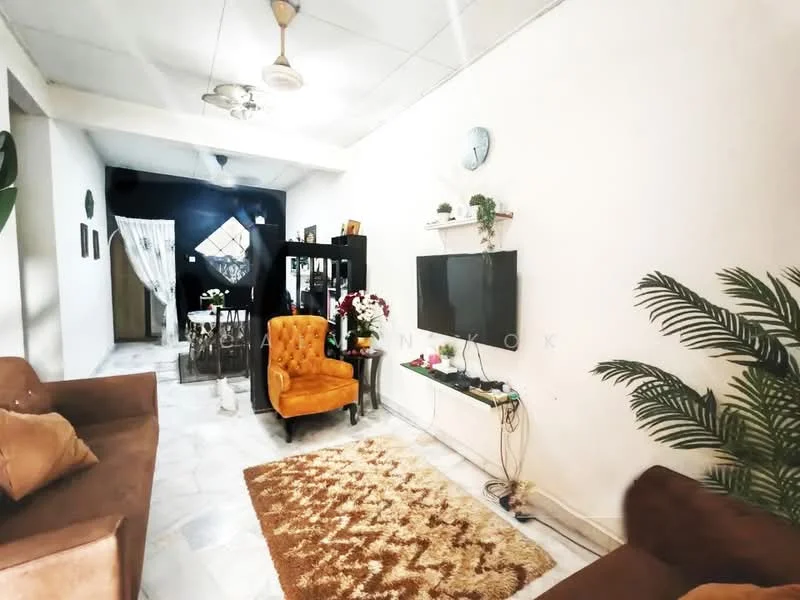 Living features: 3-seater fabric sofa in brown, accent chair in mustard yellow, coffee table with decorative rug, wall-mounted TV, TV console, decorative plants, marble flooring, ceiling fan with light, wall decor, open layout to dining area; style: modern.