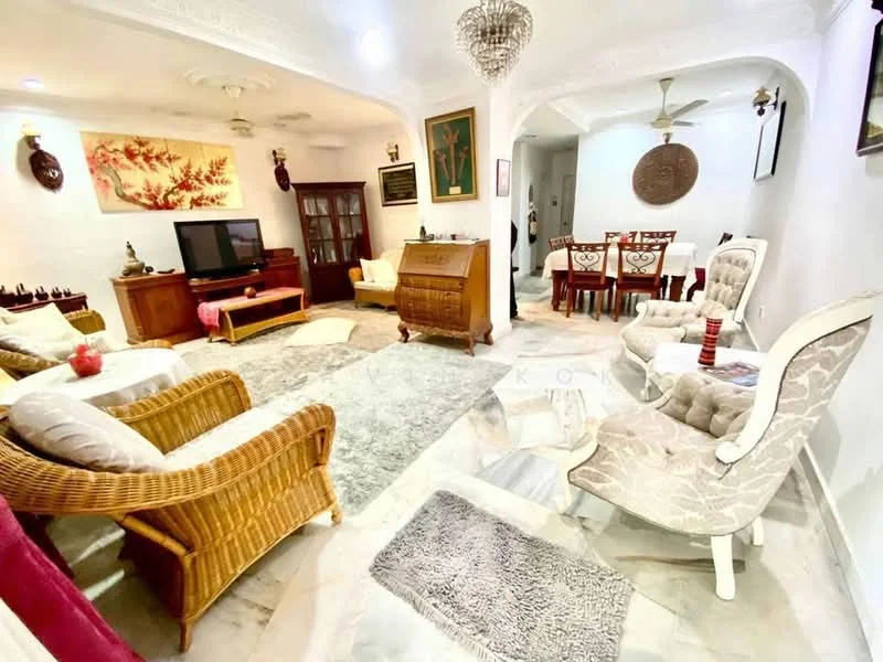 Living features: marble flooring, white painted walls, ceiling fan, wall-mounted TV, 3-seater rattan sofa, 2 armchairs with fabric upholstery, wooden coffee table, decorative wall art, area rug with geometric pattern, built-in display cabinet, chandelier, decorative mirror; style: contemporary. Dining features: 6-seater wooden dining table, upholstered dining chairs, decorative wall art; style: contemporary.