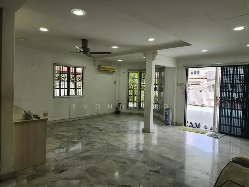 Living features: marble flooring, white painted walls, recessed downlights, 5-blade ceiling fan, wall-mounted split AC, floor-to-ceiling windows, sliding glass door, security bars on windows, open layout, decorative columns, natural light from windows, door mat at entrance; style: modern; view: garden.