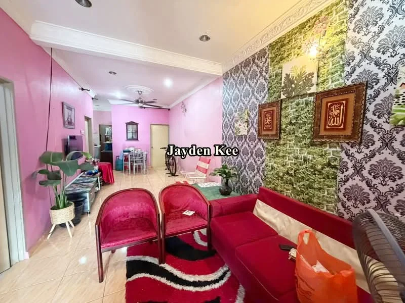 Living features: pink painted walls, green floral wallpaper, black and white patterned wallpaper, ceramic tile flooring, sofa in red, 2 red armchairs, area rug with geometric pattern, ceiling fan, wall-mounted artwork, decorative plants in pots; style: modern. Room features: open layout, doorway leading to another room, light fixtures.