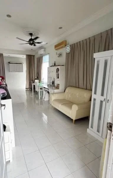 Living features: white painted walls, glossy white tile flooring, 5-blade ceiling fan with light, cream fabric 2-seater sofa, curtains in beige, wall-mounted clock, white display cabinet, dining table with chairs, air conditioning unit; style: modern.