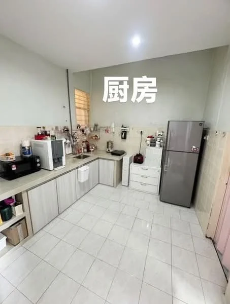 Kitchen features: light grey cabinetry, white countertop, single-bowl stainless-steel sink, chrome pull-down faucet, built-in refrigerator, microwave, coffee machine, ceramic tile flooring, white tiled backsplash, wall-mounted shelves, under-cabinet lighting, window for natural light; style: modern.