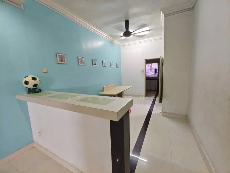 Room features: light blue painted walls, white ceiling, ceiling fan, white countertop, black and white floor tiles, framed pictures on the wall, wooden table, soccer ball decor; style: modern.