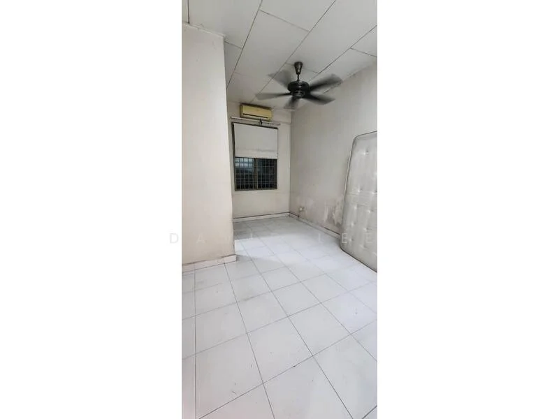 Room features: white painted walls, ceiling fan, white tiled flooring, window with blinds, empty space, no visible furniture.