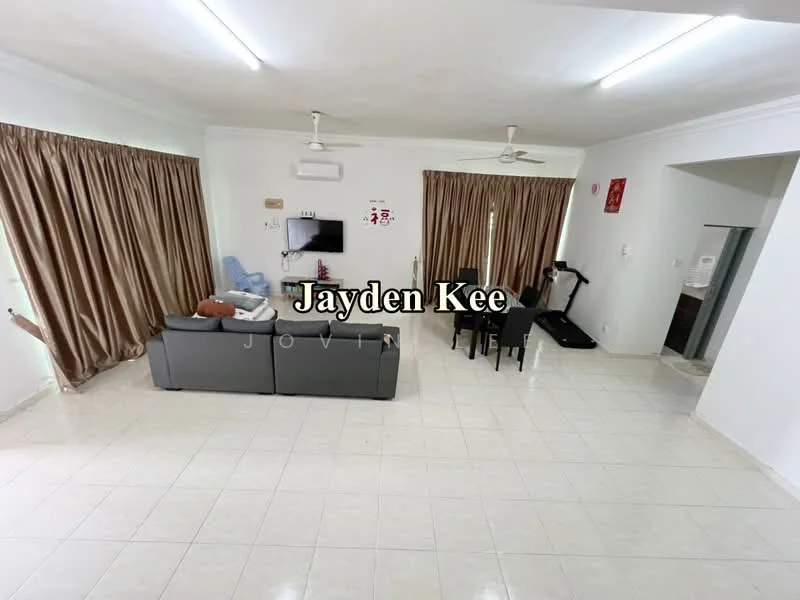 Living features: white painted walls, ceramic tile flooring, 2-seater fabric sofa in grey, coffee table, wall-mounted TV, 5-blade ceiling fan, curtains in beige, air conditioning unit, exercise treadmill, dining table with chairs; style: modern.
