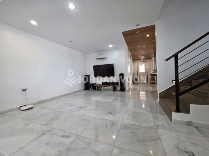 Living features: white painted walls, marble tile flooring, recessed downlights, wall-mounted TV, air conditioning unit, open layout, staircase with wooden steps, wood paneling on ceiling; style: modern.