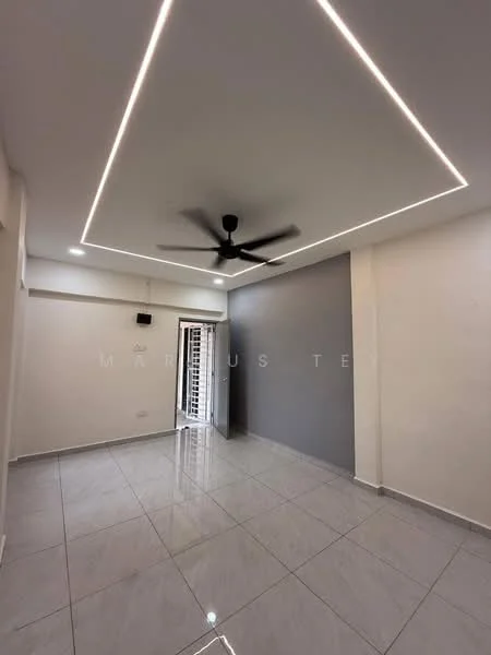 Living features: white painted walls, grey accent wall, polished ceramic tile flooring, tray ceiling with LED strip lighting, 5-blade ceiling fan, floor-to-ceiling sliding door, natural light from door, no visible furniture; style: modern.