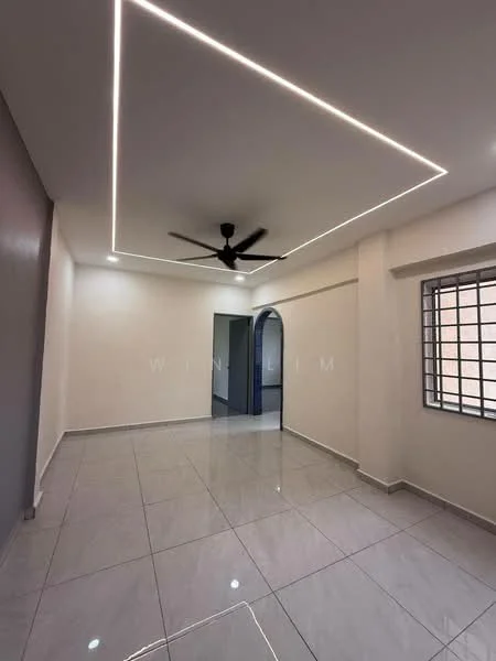Room features: white painted walls, grey accent wall, polished ceramic tile flooring, recessed LED downlights, 5-blade ceiling fan, large window with metal grille, arched doorway, open layout; style: modern.