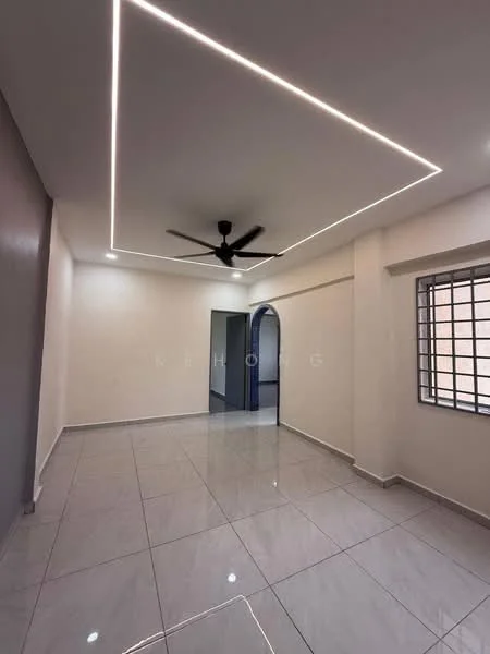 Room features: white painted walls, grey accent wall, polished ceramic tile flooring, recessed LED downlights, 5-blade ceiling fan, large window with metal grille, open layout, modern ceiling design with LED strip lighting; style: modern.