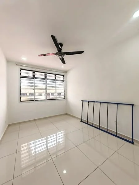 Room features: white painted walls, glossy ceramic tile flooring, 5-blade ceiling fan, floor-to-ceiling windows, window with horizontal blinds, no visible furniture, blue metal railing, bright lighting; style: modern; view: city.