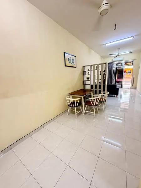 Dining features: white painted walls, glossy ceramic tile flooring, wooden dining table, 4 white wooden dining chairs, ceiling fan, decorative wall art, open layout, natural light from windows; style: modern. Room features: white painted walls, glossy ceramic tile flooring, ceiling fan.