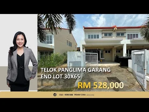 Exterior type: linked terrace house; features: two-storey building, white painted facade, red tiled roof, front yard with gate, paved driveway, surrounded by palm trees, outdoor patio area, fenced perimeter, end lot, clear sky, well-maintained landscaping; style: modern.