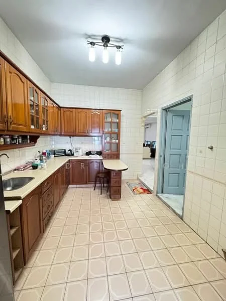Kitchen features: brown wooden cabinetry, cream countertop, stainless-steel sink, chrome faucet, built-in oven, microwave, refrigerator, tile backsplash, ceramic tile flooring, 5-blade ceiling light fixture, open shelving, kitchen island with seating, wall-mounted cabinets with glass doors; style: traditional.