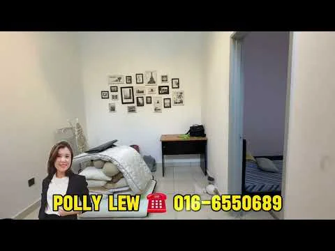 Room features: white painted walls, tile flooring, bed with bedding, black desk, framed photographs on wall, doorway leading to another room, window with natural light, folded mattress or bedding on the floor.