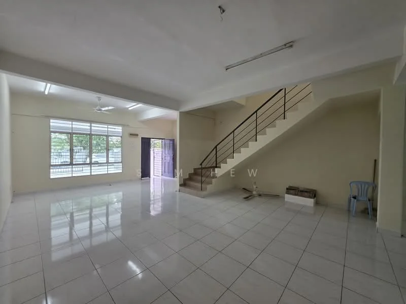 Living features: white painted walls, polished ceramic tile flooring, ceiling fan, large windows with sheer curtains, staircase with metal railing, open layout, natural light from windows, corner space for furniture, neutral color scheme; style: modern; view: garden.