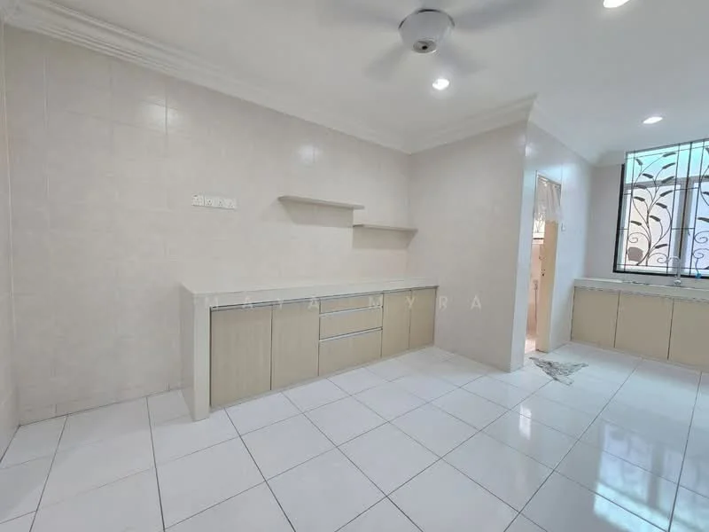 Room features: white tiled flooring, light beige cabinetry, open shelving, wall-mounted storage, white painted walls, ceiling fan, window with decorative grille, countertop with backsplash; style: modern.