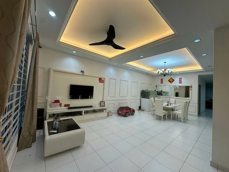 Living features: white painted walls, tray ceiling with recessed lighting, 5-blade ceiling fan with light, white tiled flooring, wall-mounted TV, entertainment unit, sofa in white, coffee table, decorative chandelier, large windows with curtains, open layout to dining area, decorative wall panels; style: modern. Dining features: 6-seater dining table, upholstered dining chairs, open layout to living area, kitchen visible in background; style: modern.