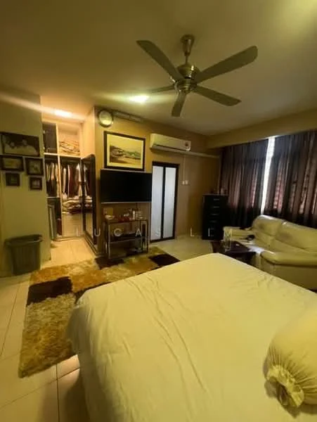 Bedroom features: queen-size bed with white bedding, 5-blade ceiling fan, wall-mounted TV, built-in wardrobe with sliding doors, cream painted walls, tile flooring, large window with dark curtains, area rug with geometric pattern, sofa in cream color, decorative artwork on the wall; style: modern.