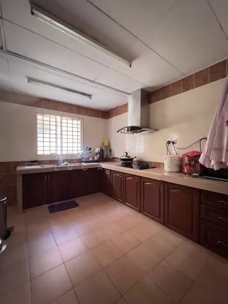 Kitchen features: brown wooden cabinetry, granite countertop, stainless-steel range hood, built-in stove, single-bowl stainless-steel sink, window with grid pattern, tile backsplash, ceramic tile flooring, recessed ceiling lights, kitchen appliances visible, kitchen utensils on countertop, purple mat on floor; style: modern.