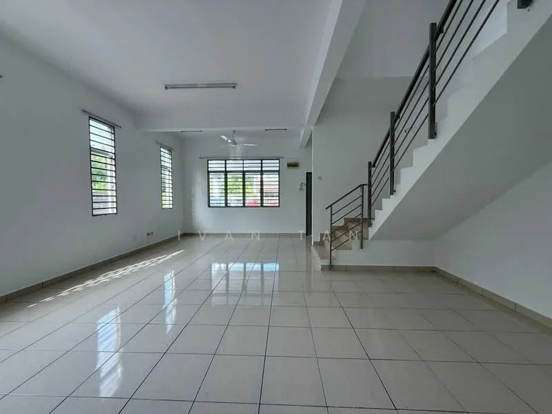 Living features: white painted walls, glossy ceramic tile flooring, ceiling fan, large windows with horizontal slats, staircase with metal railing, natural light from windows, open layout, neutral color scheme; style: modern.