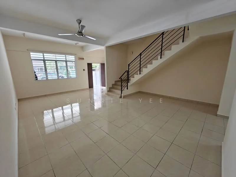 Living features: white painted walls, glossy tiled flooring, 5-blade ceiling fan, large windows with horizontal slats, staircase with metal railing, neutral color scheme, open layout, natural light from windows; style: modern.