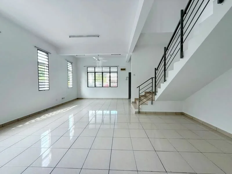 Living features: white painted walls, tile flooring, 5-blade ceiling fan, large windows with horizontal slats, staircase with metal railing, natural light from windows, open layout, neutral color scheme; style: modern.