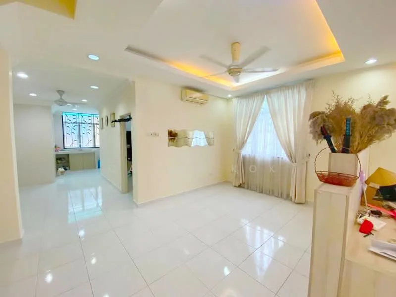 Living features: white painted walls, glossy white tile flooring, tray ceiling with recessed lighting, 5-blade ceiling fan, floor-to-ceiling window with sheer curtains, air conditioning unit, decorative wall mirror, decorative plants in ceramic pots, wall-mounted light fixture; style: modern. Kitchen features: white painted walls, glossy white tile flooring, kitchen cabinetry, window with natural light; style: modern.