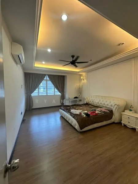 Bedroom features: wooden flooring, white painted walls, tray ceiling with recessed lighting, 5-blade ceiling fan, floor-to-ceiling window, curtains, upholstered headboard, king-size bed, nightstand, decorative lamp; style: modern.