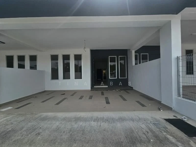 Exterior type: linked terrace house; features: grey painted facade, white painted walls, flat roof, manicured lawn, paved driveway, multiple large windows, security gate, fenced perimeter; style: modern.