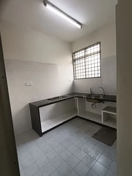 Kitchen features: L-shaped countertop, black laminate countertop, single-bowl stainless-steel sink, chrome pull-down faucet, white tiled walls, grey ceramic tile flooring, window with metal grille, under-counter storage, open shelving, fluorescent ceiling light; style: modern.