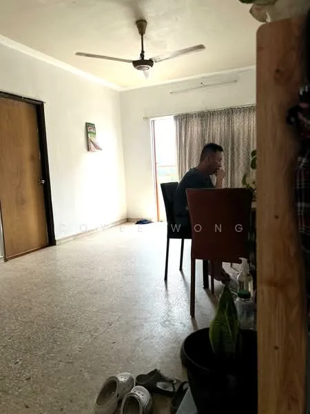 Room features: white painted walls, ceiling fan, sliding glass door, curtains, tile flooring, dining table with chairs, houseplants, open space layout.