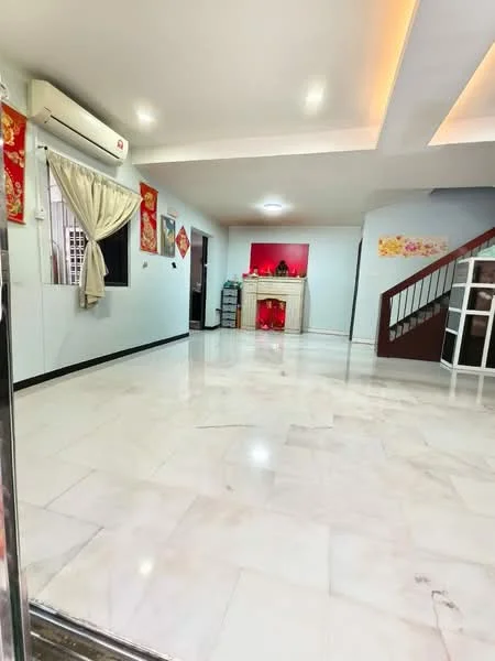 Living features: marble tile flooring, white painted walls, recessed downlights, 1 wall-mounted split AC, curtains, staircase with wooden railing, decorative wall with red accents, fireplace, open layout, decorative artwork, built-in shelving unit; style: modern.