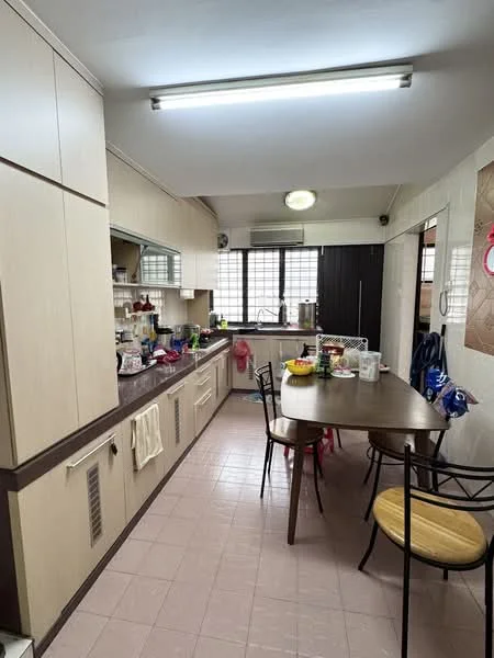 Kitchen features: light wood cabinetry, grey countertop, single-bowl stainless-steel sink, chrome pull-down faucet, built-in oven, freestanding range oven, microwave, refrigerator, table with four chairs, pink tile flooring, window with grid pattern, overhead fluorescent lighting; style: modern.