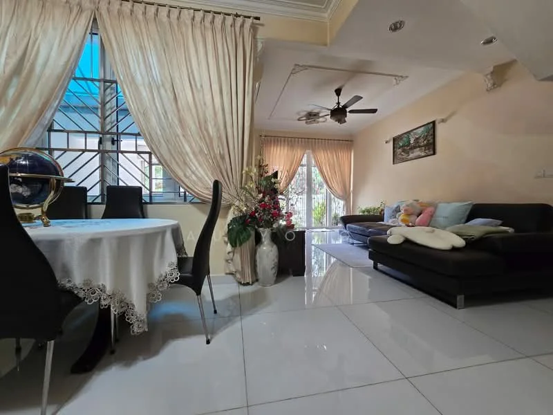 Living features: black leather sectional sofa, white throw pillows, round dining table with lace tablecloth, 4 black dining chairs, large floor-to-ceiling window with sheer curtains, decorative vase with flowers, framed artwork on wall, ceiling fan, glossy white tile flooring, wall-mounted decor, natural light from window; style: modern; view: garden.