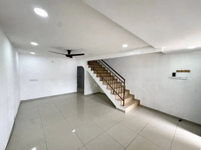 Living features: white painted walls, polished ceramic tile flooring, 5-blade ceiling fan, recessed LED downlights, staircase with metal railing, open layout, large windows for natural light, no visible furniture; style: modern.