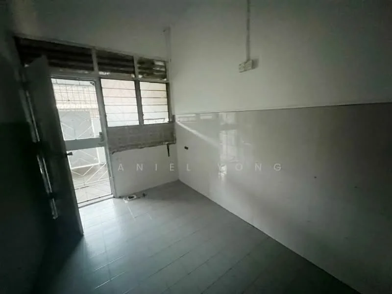 Room features: grey tiled flooring, white painted walls, window with metal grille, door with glass panel, light fixture on ceiling.