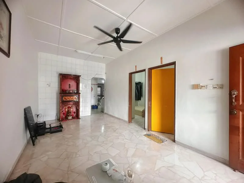 Living features: marble flooring, white painted walls, 5-blade ceiling fan, wall-mounted TV, doorway to adjacent rooms, decorative wall unit, large window, neutral color scheme. Room features: doorway leading to another room, yellow painted wall, unknown flooring, unknown wall color.